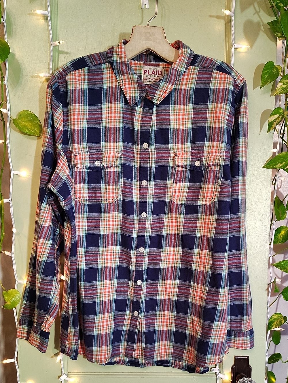 Women's Old Navy Plaid Orange Blue Green Flannel Double Pocket XL